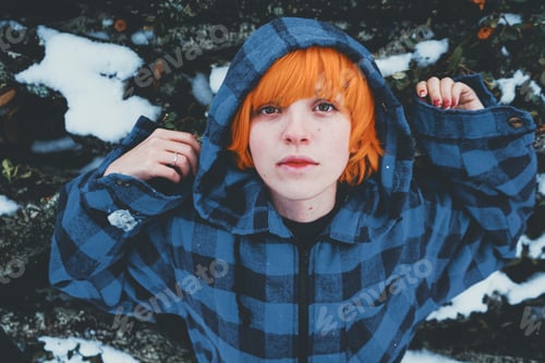 Preview: Redhead androgynous model in a winter scene
