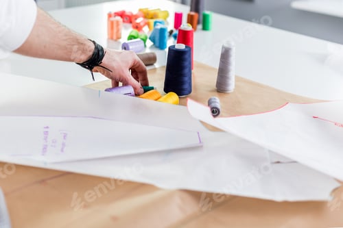 Preview: Fashion designer desk with equipment, tailoring and sewing workshop concept