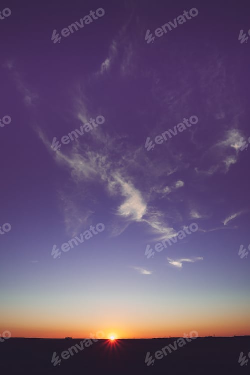 Preview: Sunset, Sunrise, Sun Over Rural Countryside Field. Bright Violet