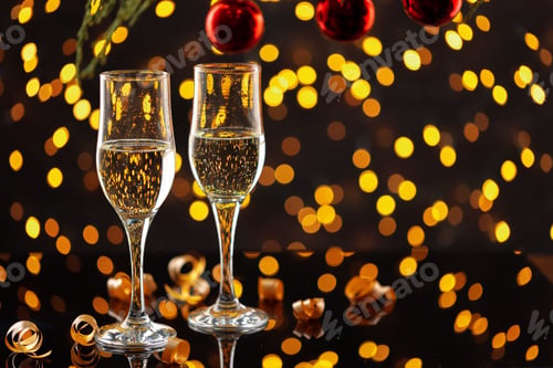 Preview: Two glasses of champagne and Christmas baubles on bokeh lights background