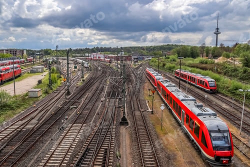 Preview: Aerial high angle shot of a railway station in Kiel, Germany