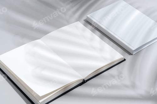 Preview: Blank open notepad on gray background studio shot