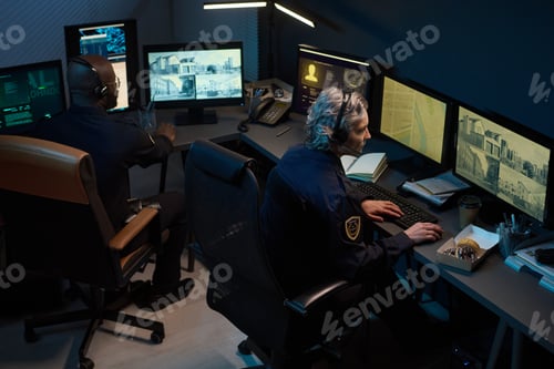 Preview: Middle Aged Caucasian Woman and Black Man Monitoring Security Footage at Night