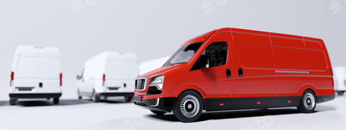 Preview: Red commercial van and fleet of white trucks. Transport. Transport and shipping