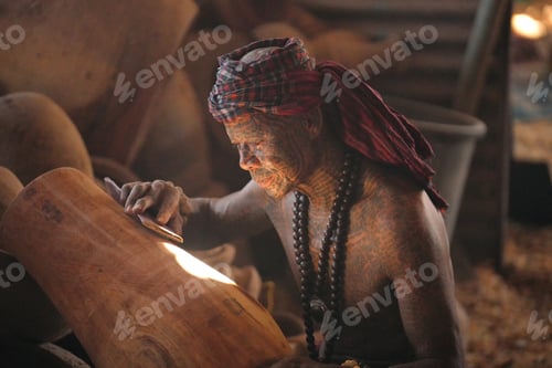 Preview: Asian village lifestyle, moment a man making and crafting handmade wood