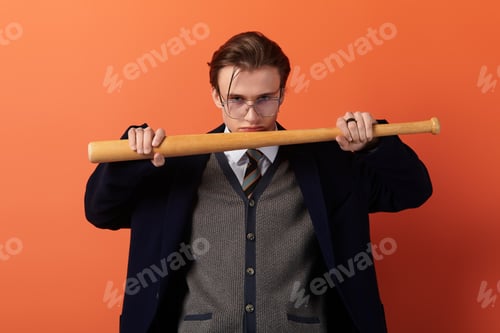 Preview: Stylish young man poses confidently with a baseball bat against a vibrant orange backdrop