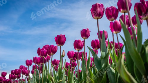 Preview: Tulips with green leaves against blue sky