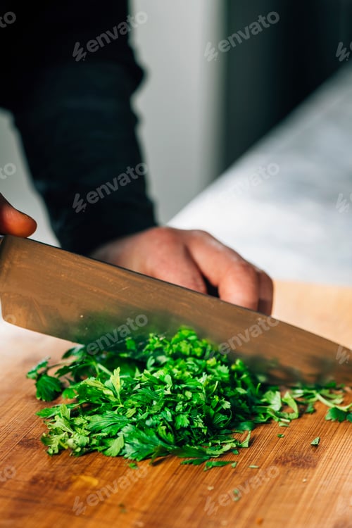Preview: Cutting Parsley with Knife in Vegan Restaurant
