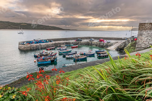 Preview: Boats parked in a harbor in the sunrise
