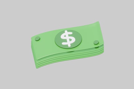 Visualização: Pilha de notas verdes com um cifrão no topo.