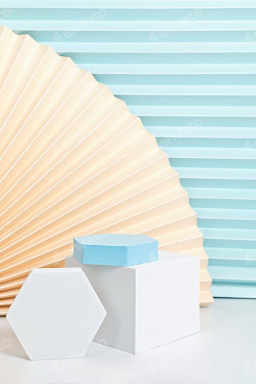 Preview: Podium, stand, platform for product presentation. Abstract background made of paper fans