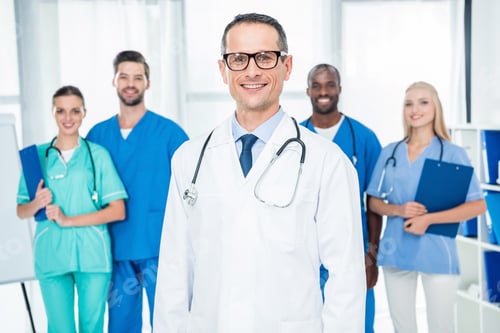 Preview: smiling mature doctor with colleagues standing together on background