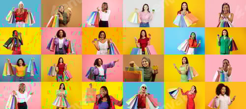 Preview: Diverse group of shoppers celebrating purchases on Black Friday sales