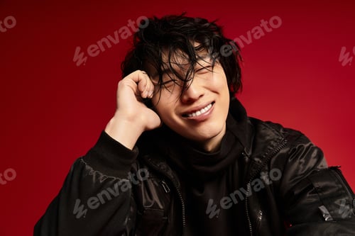 Preview: Serene pose of stylish asian man in studio with bright smile