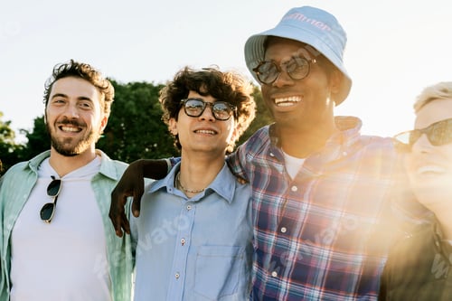 Preview: Happy diverse group of young friends smiling at sunset during summer outdoor gathering