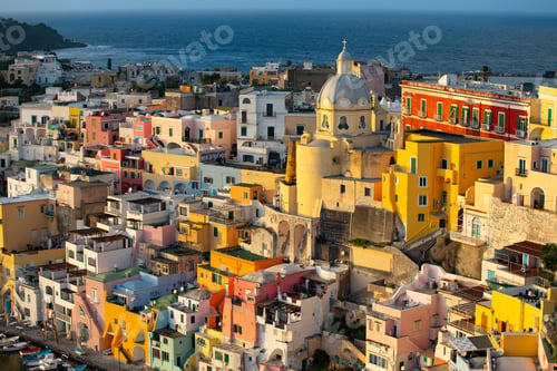 Preview: Fishing village in magic sunset, Marina Corricella on Procida Italy.