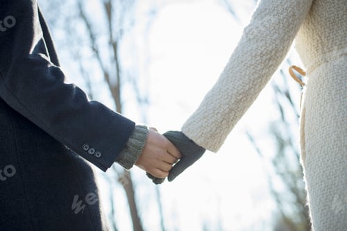 Preview: Two people, a couple, a man and woman in the woods on a winter day. Holding hands.