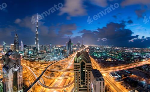 Preview: Cityscape of Dubai, United Arab Emirates at dusk, with the Burj Khalifa and other skyscrapers and