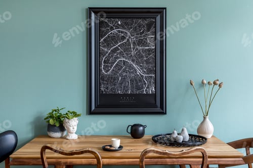 Preview: Creative composition of stylish scandi dining room interior with mock up map frame.
