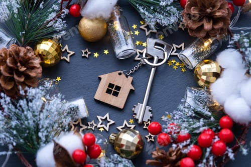 Preview: Key to the house with a keychain on black background with Christmas decor layout
