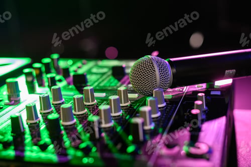 Preview: close up view of sound mixer with microphone in nightclub