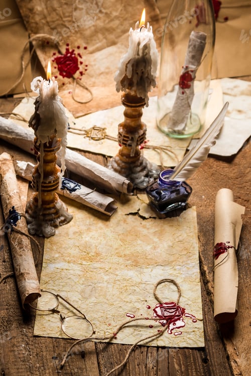 Preview: Vintage scrolls and candles are the old scribe's workplace