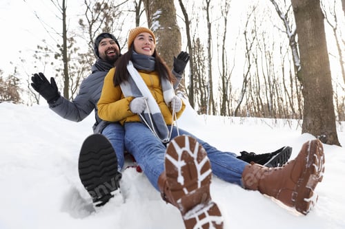 Preview: Happy young couple sleighing outdoors on winter day, low angle view