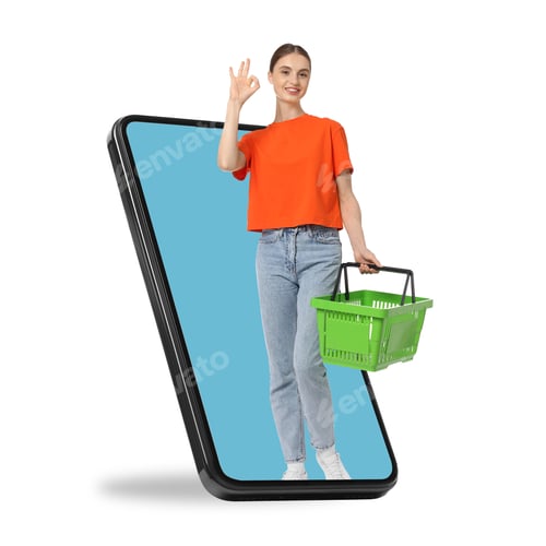 Preview: Woman with shopping basket showing ok out of mobile phone against white background. Online ordering
