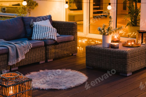 Preview: Beautiful evening on the patio of suburban house with garden
