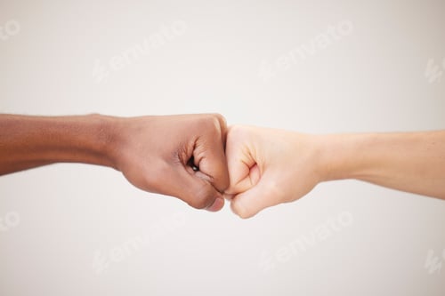 Preview: Fist bump, support and hands of people or friends together for justice, freedom and diversity with