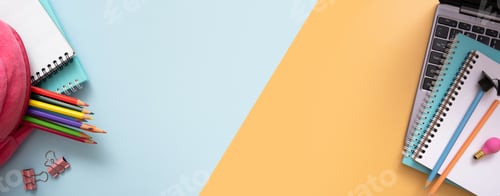 Preview: Colorful stationary with backpack on colored background. Copy space. Top view, flat lay