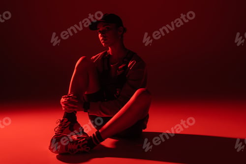 Preview: full length of young african american woman in baseball cap and sweatshirt sitting on dark red