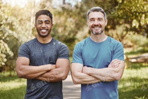 Preview: Men, arms crossed and together in portrait, fitness and health and ready for workout, training or s