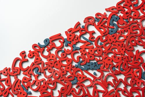 Preview: Top View image of a group of Arabic letters made of wood, colored red and blue on a white background