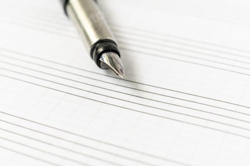 Preview: empty blank music notebook with fountain pen, copy space mockup, macro shots
