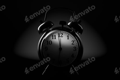 Preview: Silver alarm clock on black background. 3d rendering.