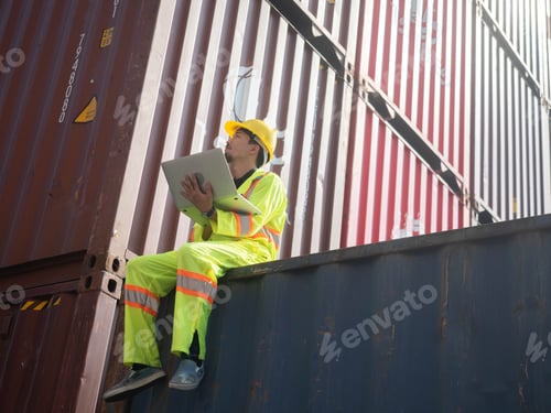 Preview: male man labor staff assistance yellow hardhat safety helmet computer notebook technology shipping b