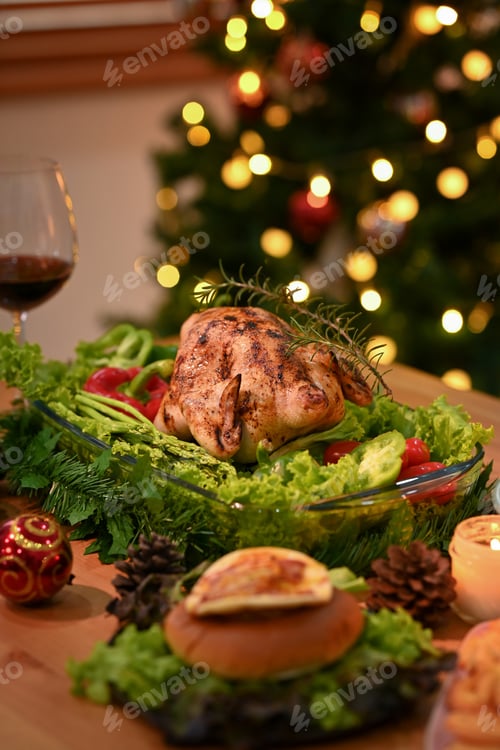 Preview: Roasted Thanksgiving Day turkey and glass of red wine on wooden table.
