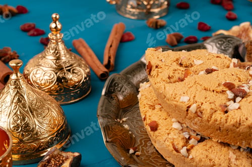 Preview: Turkish delight dessert on traditional tableware on dark blue table