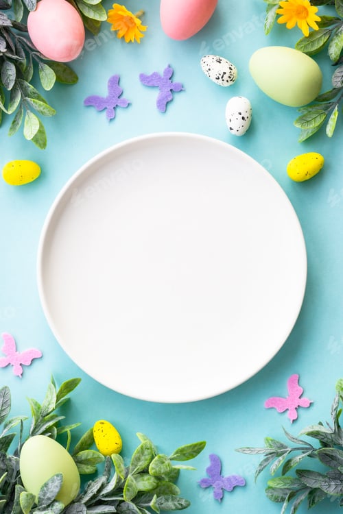 Preview: Easter table setting, Easter food background.
