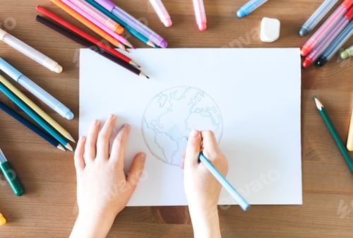 Preview: Child girl drawing with colorful pencils