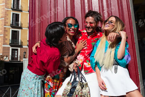 Preview: Stylish friends embracing on street
