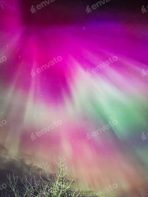 Preview: Vibrant aurora borealis in pink and green.