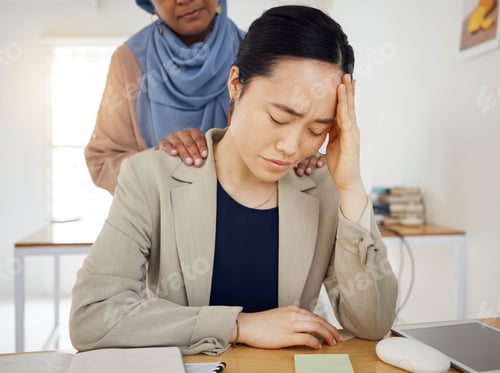 Preview: Depression, stress and a business woman with empathy, support and help in an office. Burnout, fired
