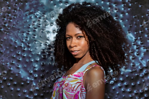 Preview: portrait of beautiful young black woman with metallic blue background