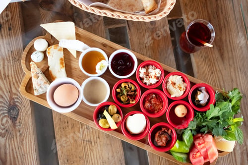 Preview: Delicious traditional turkish breakfast with turkish tea on the wooden table.