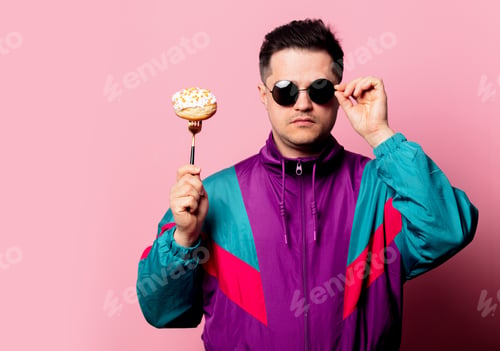 Preview: Style guy with donut on fork on pink background