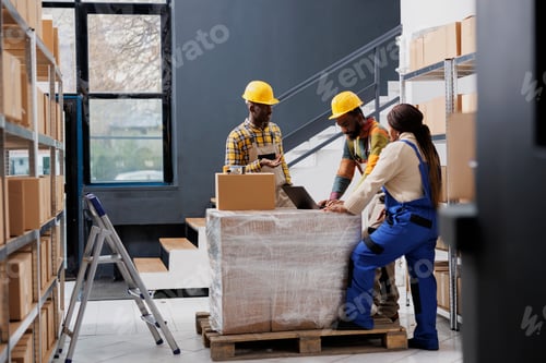 Preview: Retail storehouse workers discussing customer online order on laptop