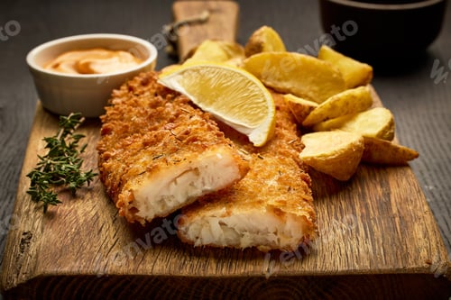 Preview: breaded fish fillets and fried potato wedges