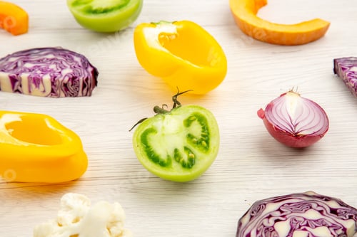 Preview: bottom close view cut vegetables red cabbage cauliflower yellow bell pepper green tomato red onion